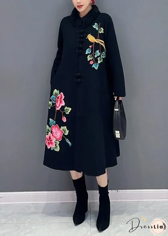 Women Black Button Print Patchwork Cotton Knit Coats Long Sleeve