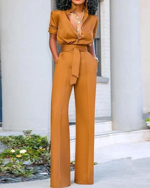 sexy turndown collar pure colour long sleeve jumpsuit p306334
