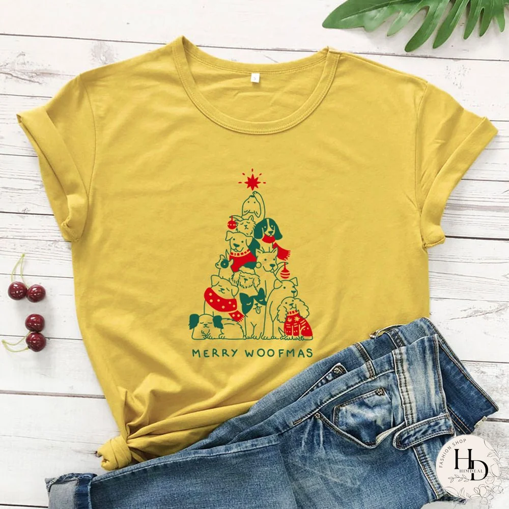 Merry Woofmas Colored Print T-shirt Kawaii Dog Lover Christmas Holiday Gift Tshirt Funny Women Graphic Tees Tops Drop Shipping