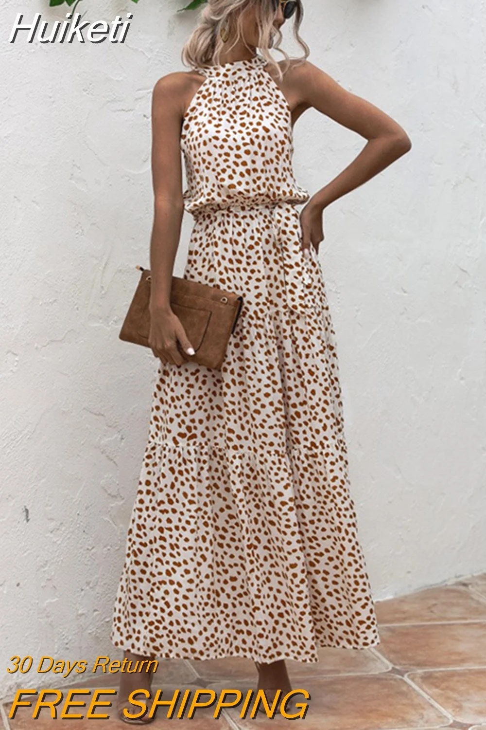 Huiketi Long Floral Halter Dress Women 2023 New Casual Slim Leopard Bandage Ladies Dot Print Beach Style Maxi Dresses