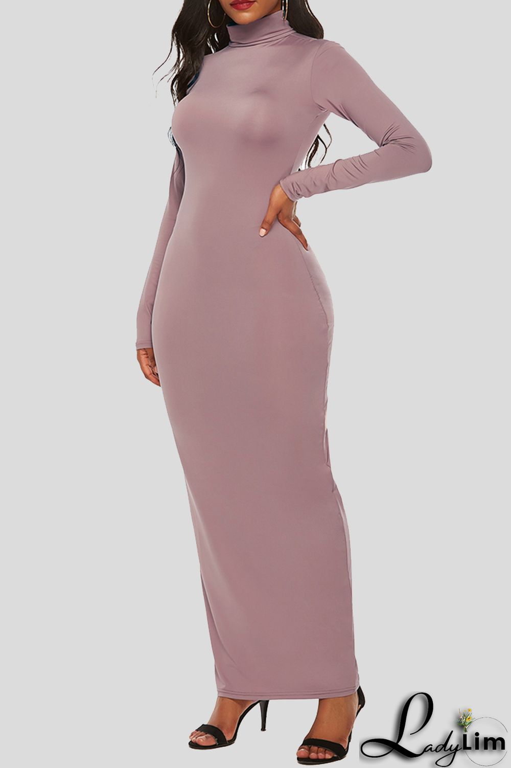 Black Fashion Casual Solid Basic Turtleneck Long Sleeve Dresses