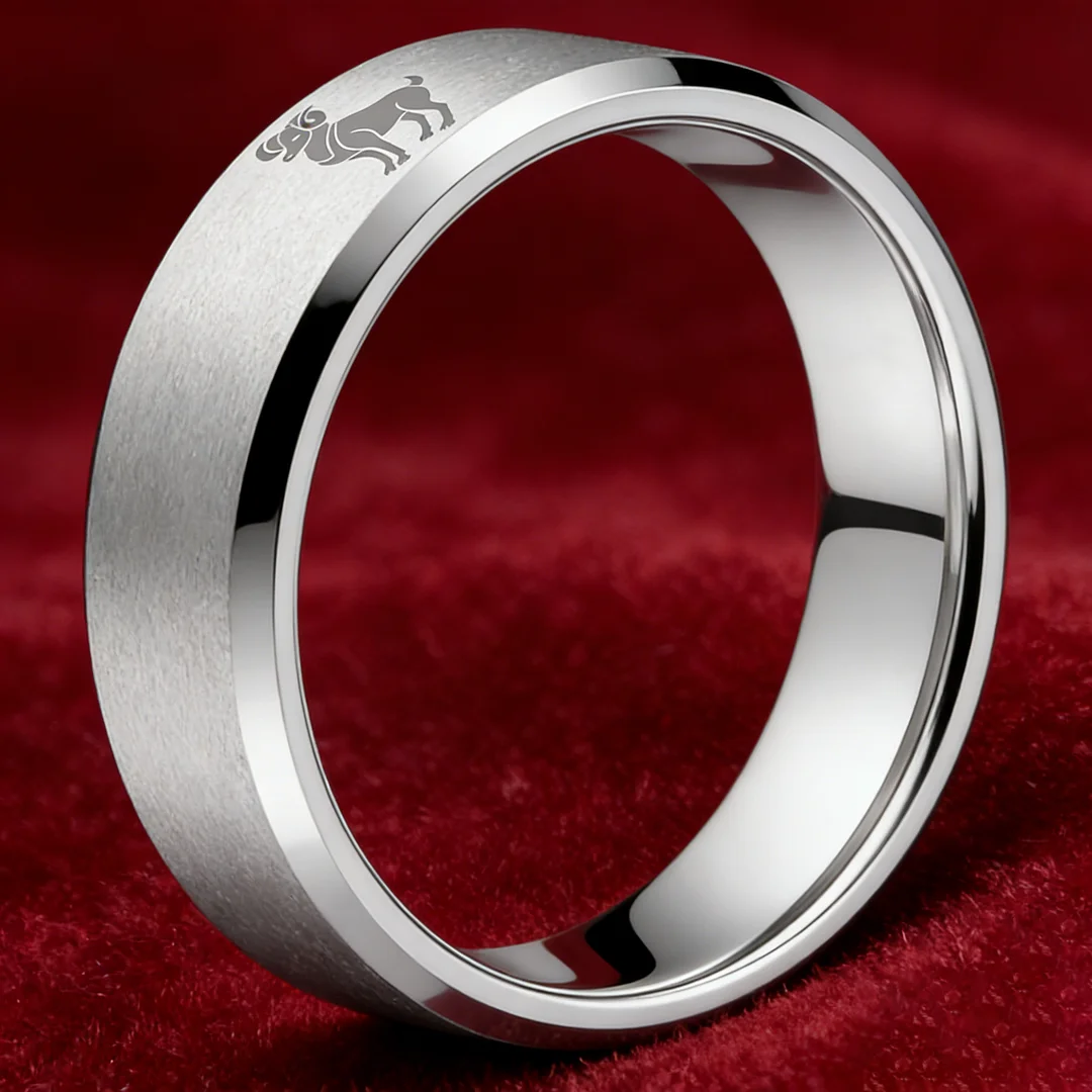 Sliver Aries Couple Wedding Bands Beveled Edges Laser Etched Tungsten Carbide Ring 4MM 6MM 8MM Width