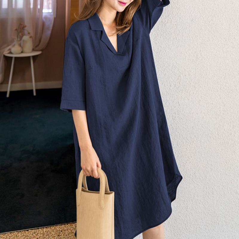 Women Casual Loose Shirt Dresses Pockets Knee-length Sundress