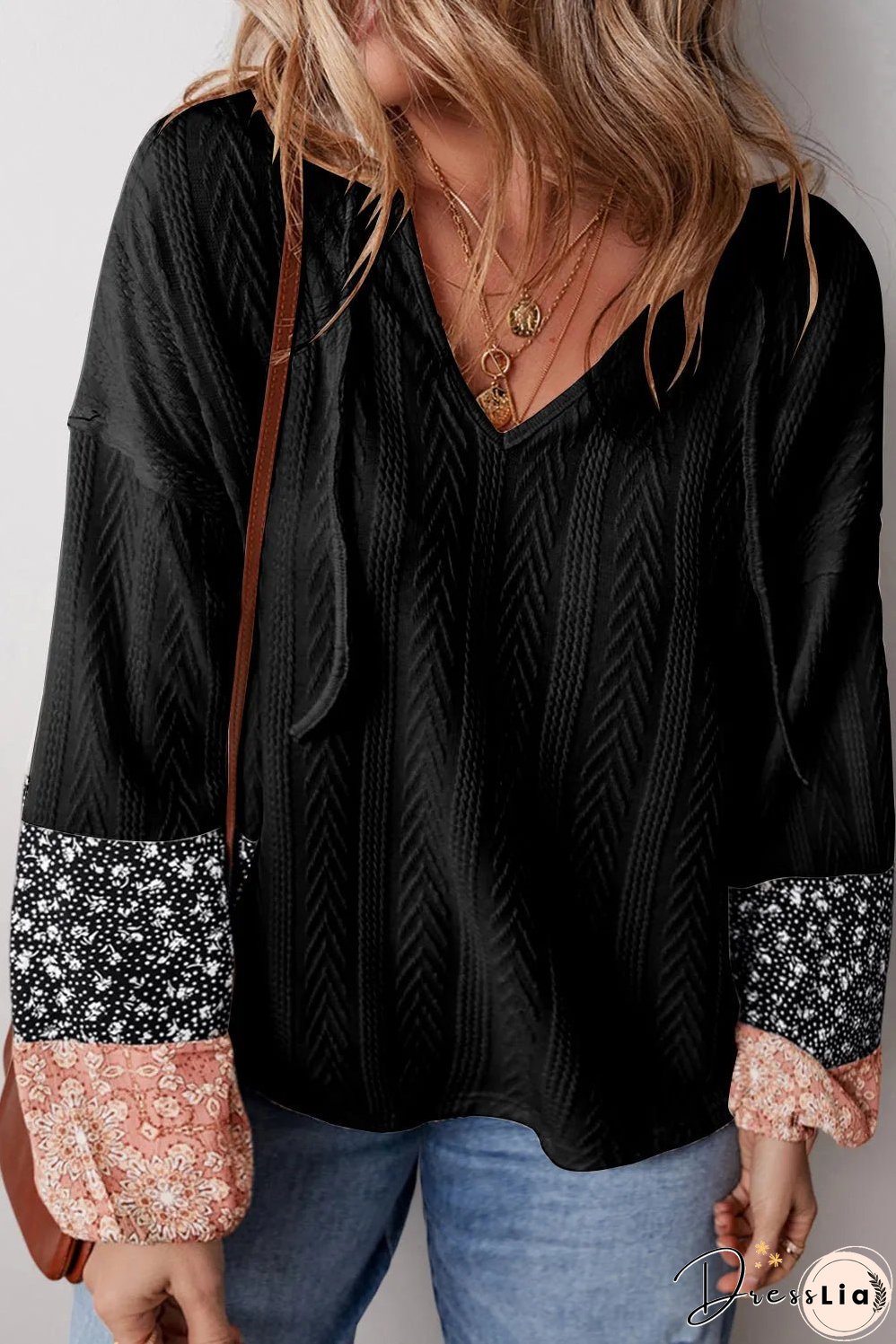 Black Floral Patchwork Textured Knit Drawstring V Neck Blouse