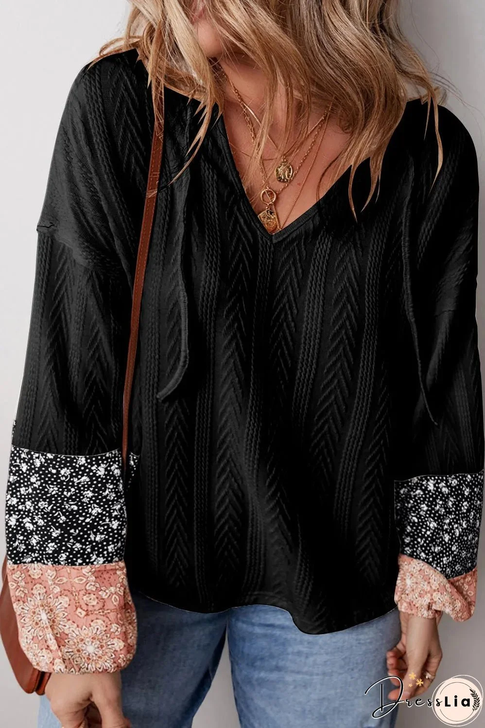 Black Floral Patchwork Textured Knit Drawstring V Neck Blouse