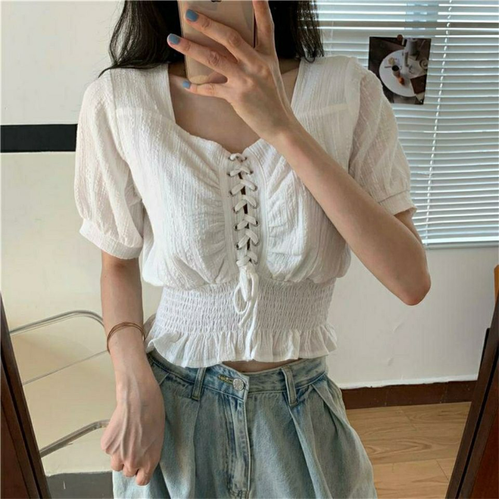 Gamistine Fashion Puff Short Sleeve Shirt Women All-match Square Collar Lace Up Crop Tops Korean Ruffles Waist Slim Chiffon Blouse New Top
