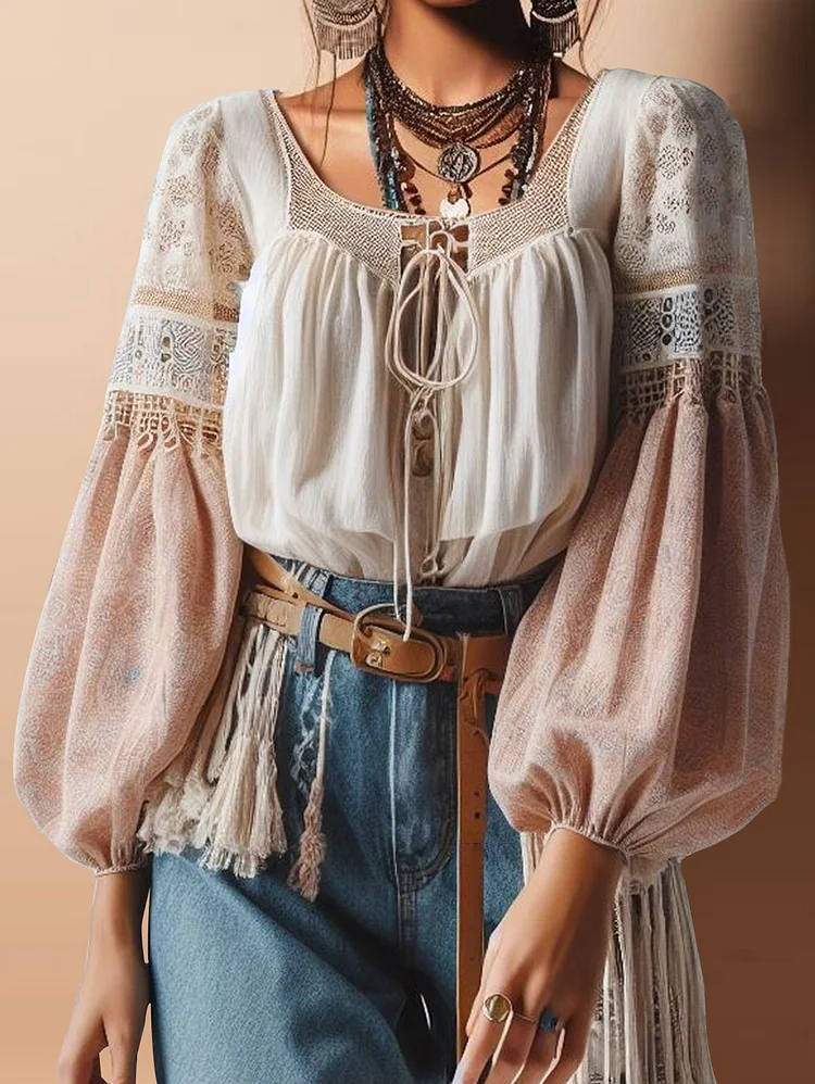 Casual Lantern Sleeve Lace Up Lace Patchwork Blouse