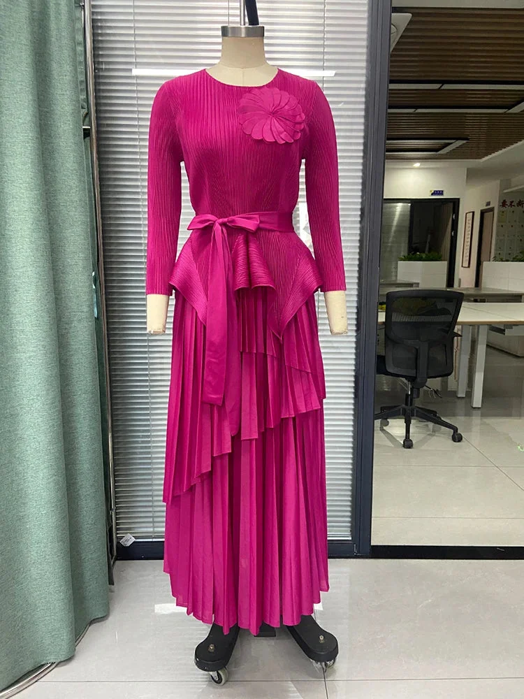 Party Red O-neck Pleated Long Sleeve Top And Asymmetrical Pleated Skirt Set