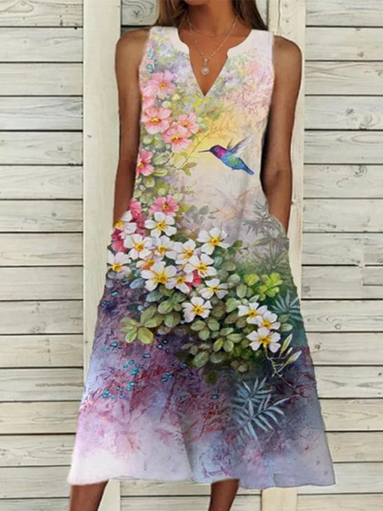 Flower Garden Art Printed Sleeveless V-Neck Midi Dress
