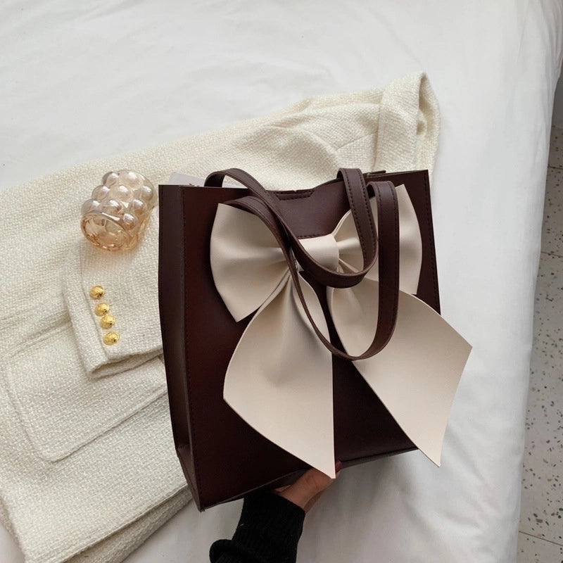 Women’s Medium Pu Leather Bow Knot Streetwear Square Magnetic Buckle Handbag