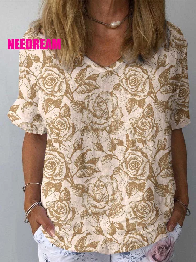 Womens Two-Color Rose Pattern Print Cotton And Linen Top