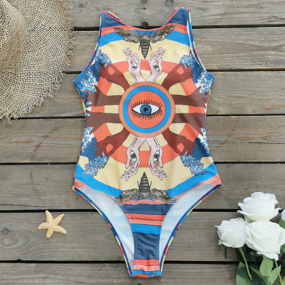 Uveng Swimsuit2025 New Conjoined Bikini Personality Abstract Print Swimsuit Women Sleeveless