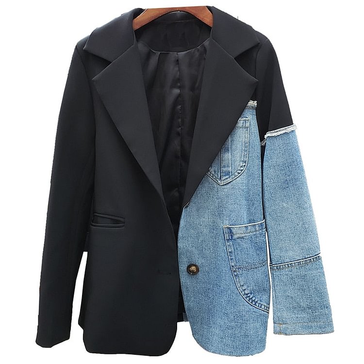 Denim Patchwork Women Blazer Jacket High Quality Single Button Black Suit Jacket Loose Fashion Lady Blazers Coat 2021 Autumn New