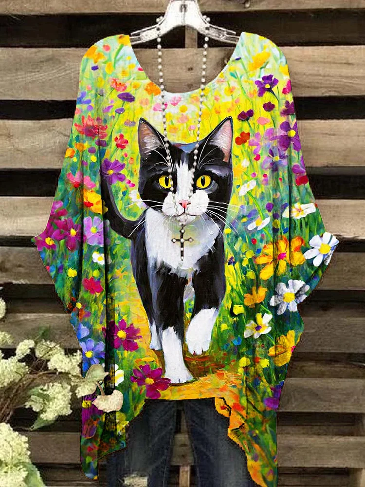 Women's Vintage Flower Bush Kitten Pattern Crew Neck Top