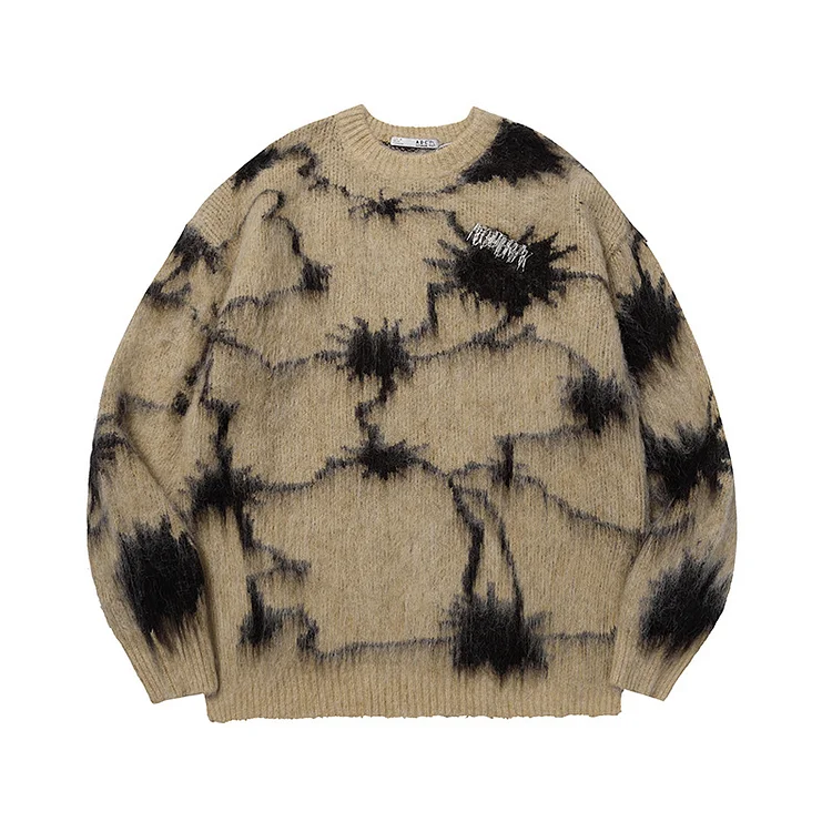 Street Hip Hop Tie-Dye Plus Fleece Sweater Loose Round Neck Sweater at Hiphopee