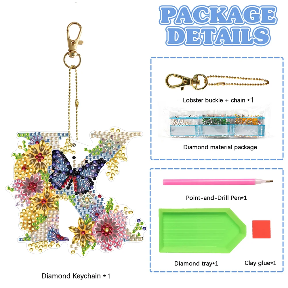 DIY K Diamond Art Key Rings Lettter Keychain Supplies Gift for Kids(Double Sided)