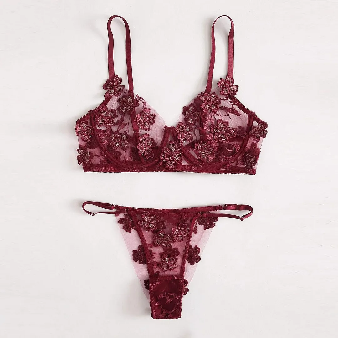 Sexy Bra Panty Set Women Sexy Embroidery Bralette Lace Underwear Set See Through Erotic Lingerie Two-piece Intimate Underwear