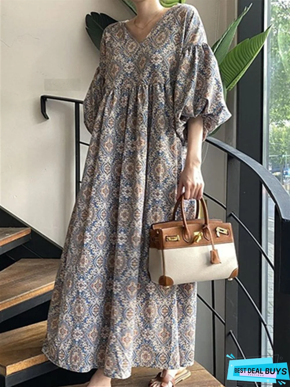 Printed V-Neck Loose Swing Lantern Sleeve Dress