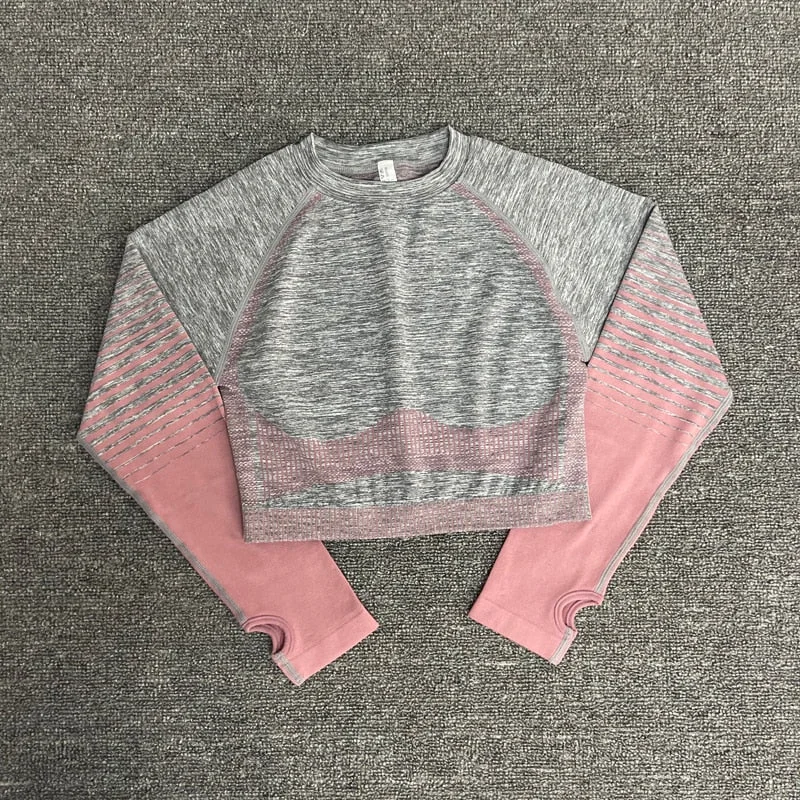 Seamless Outdoor Two Piece Set Women Long Sleeve Crop Top Sport Leggings Tracksuit Fitness Gym Suits For Women