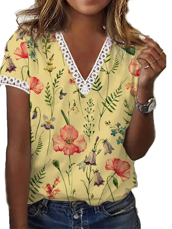 Women Short Sleeve V-neck Floral Printed Tops