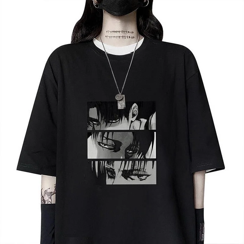 Women T-shirts Japanese Anime Attack On Titan Levi Ackerman Eye Punk Tops Summer Harajuku Oversized Gothic Short Sleeve Tshirt