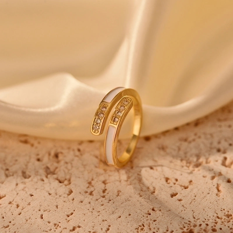 IG Style Minimalist Geometric Copper Enamel Hollow Out Inlay Zircon Open Rings