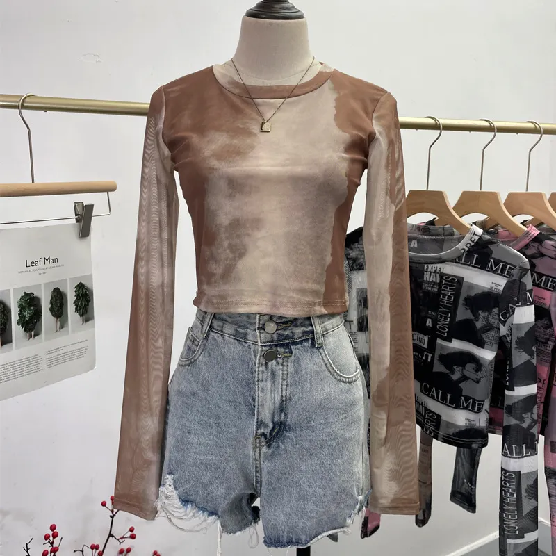 Churchf Real Shooting Front Double-Layer Tie-Dye Printing Mesh Long-Sleeved Top Short High-Waisted T-Shirt T-Shirt 8960
