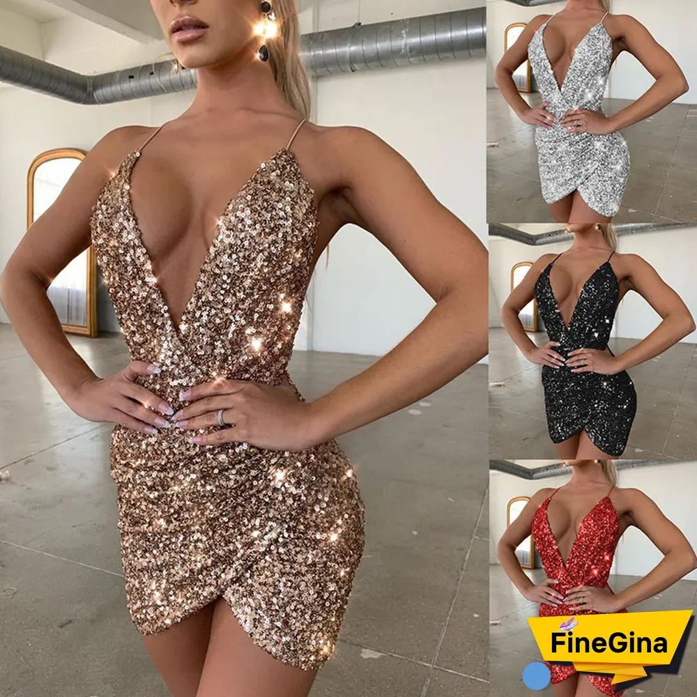 Sexy Womens Sequins Glitter Sparkle Deep Neck Halter Backless Bodycon Short Mini Dress
