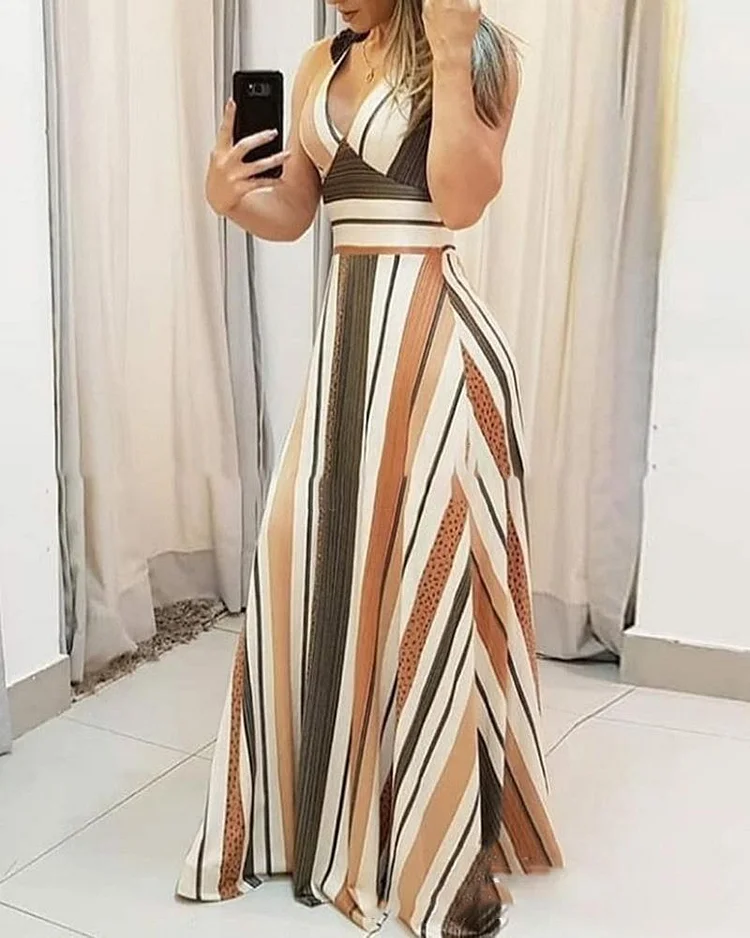 Sleeveless Striped Print Color Block Dress