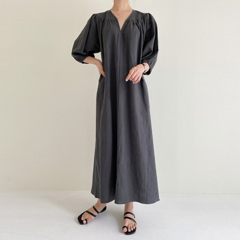 Korea New Cotton And Hemp Dress 2021 Women's Long Length V Neck Solid Color Large Size Dresses 2D6099