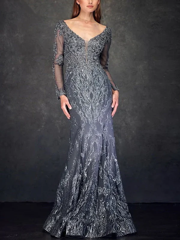 V-Neck Mesh Long Sleeves Sequin Solid Color Maxi Dress