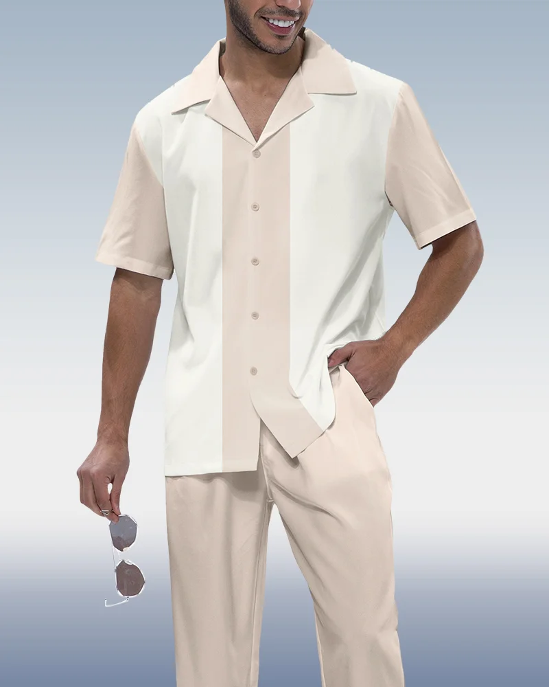 Suitmens Men's Casual Color Block Short Sleeve Walking Suit