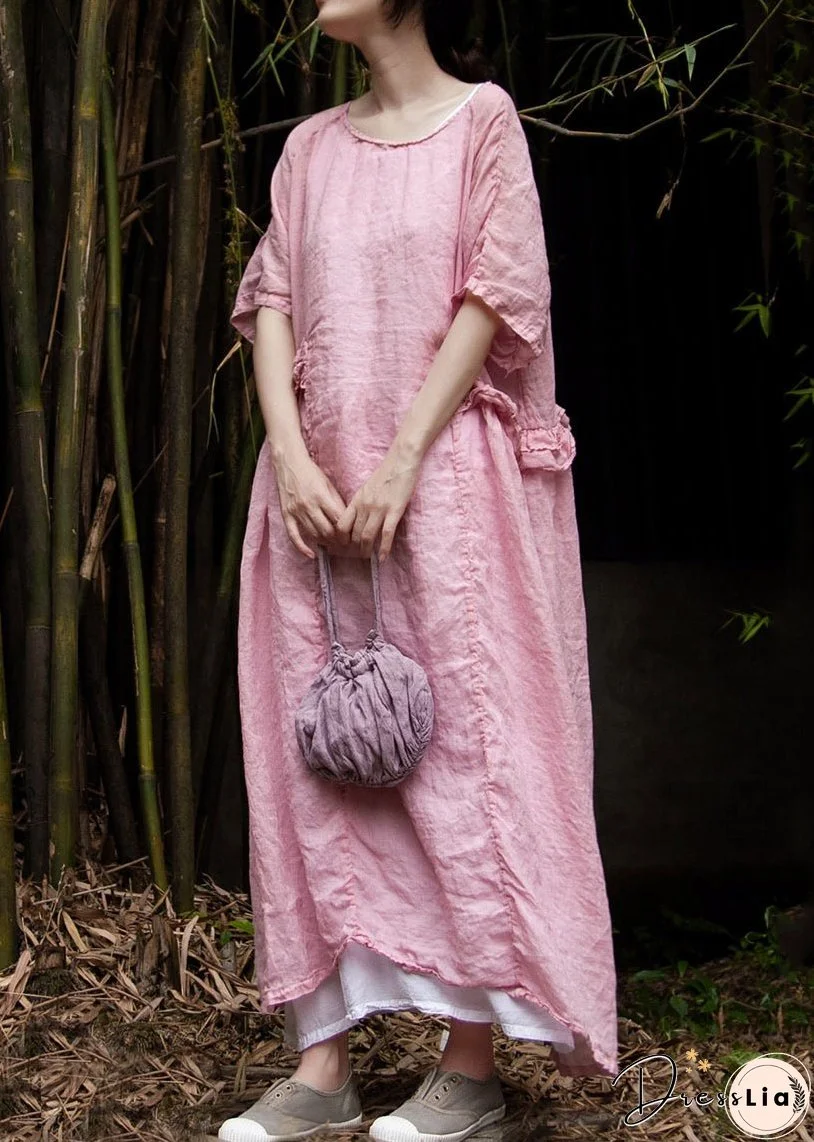 Loose Pink Ruffled Solid Linen Two Pieces Set Summer