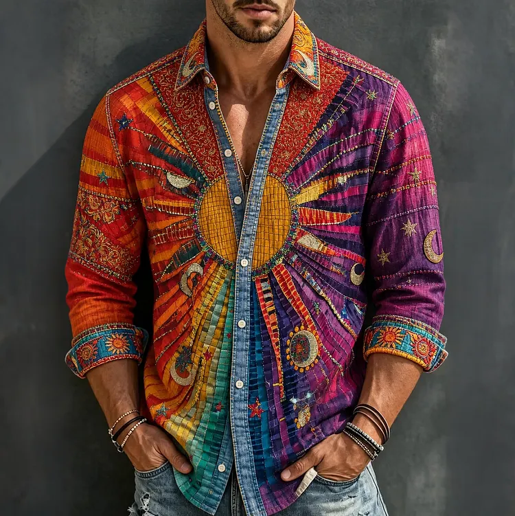 Men's Retro Hippie Style Sun Moon Star Art Printed Linen Shirt