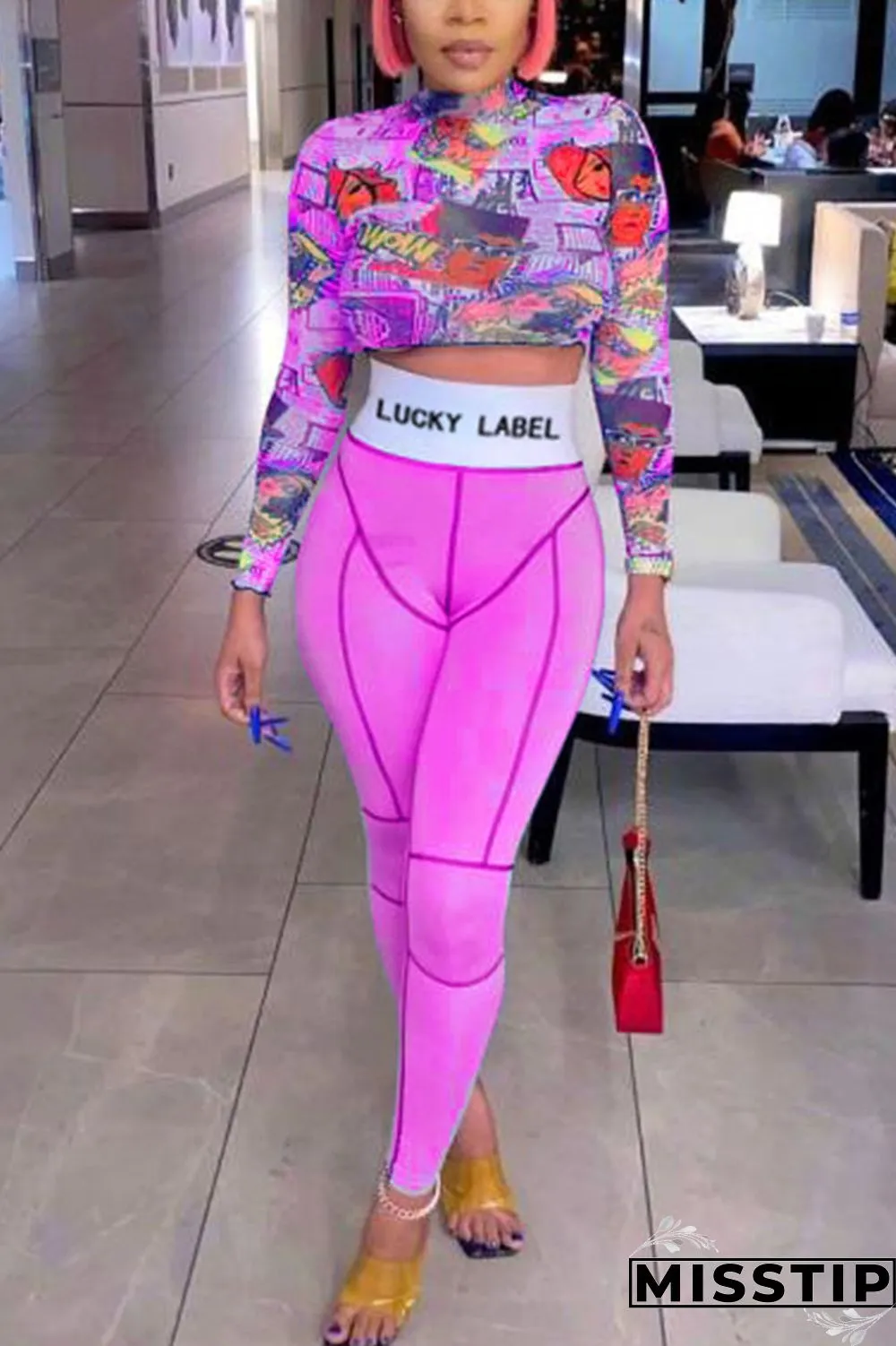 Light Purple Sexy Print O Neck Long Sleeve Two Pieces