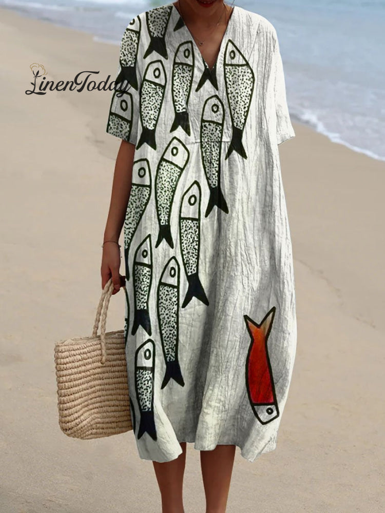 Women’s Vintage Lovely Fish Art Print Flowy Dress Multicolor / S