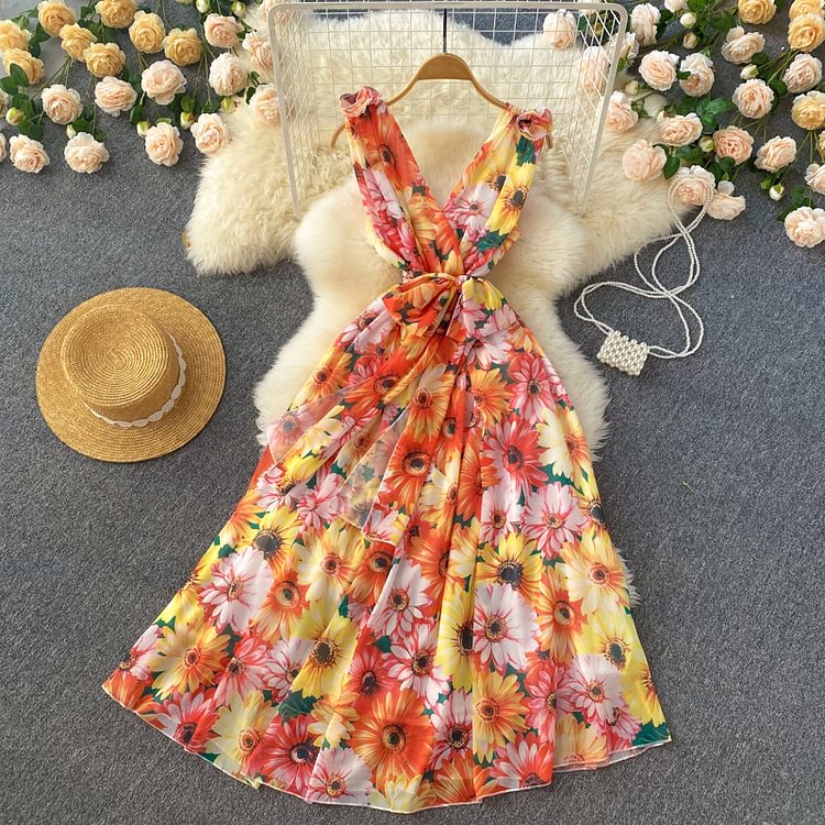 Flaxmaker V-neck Temperament Sunflower Printing Waist Backless Dress