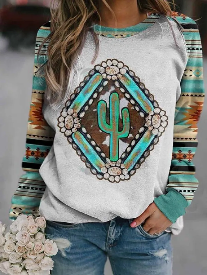 Women's Aztec Long Sleeve Sweatshirt Africa Geometri Colorful Cactus Pattern
