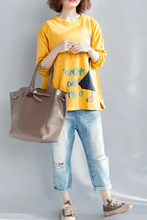 Elegant Yellow Cotton Linen Tops Women Plus Size Wardrobes Neck Long Sleeve Loose Spring