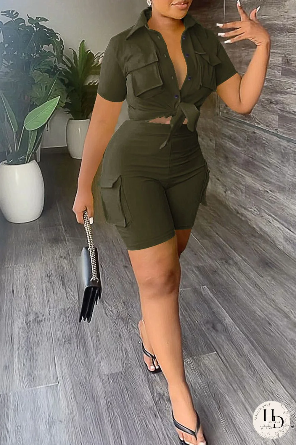 Khaki Casual Solid Bandage Patchwork Pocket Buckle Turndown Collar Short Sleeve Two Pieces