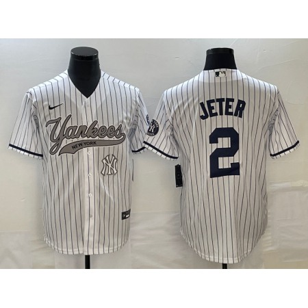 Men's New York Yankees #2 Derek Jeter White With Patch  Cool Base Stitched Baseball Jersey