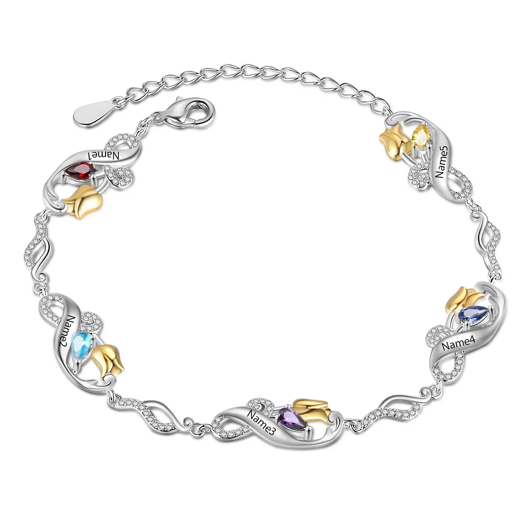 Infinity Tulip Bracelet Custom 5 Birthstones and Names Women Bracelet