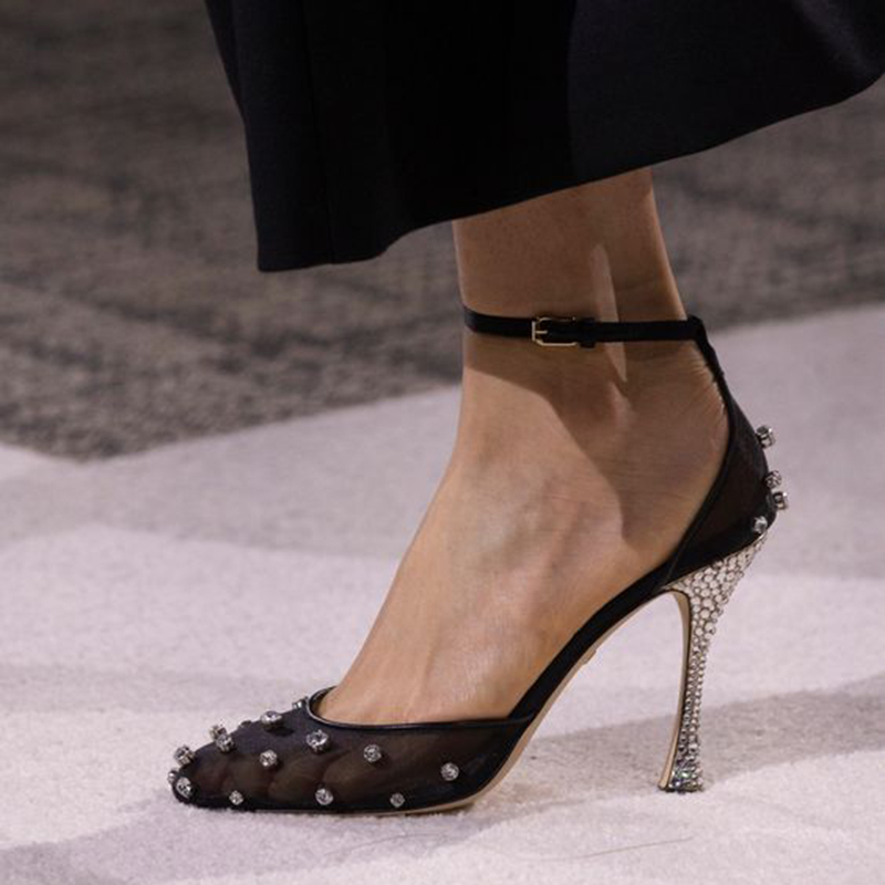 GOOSHOE Rhinestone Ankle Strap Stiletto Studs Pump Shoes