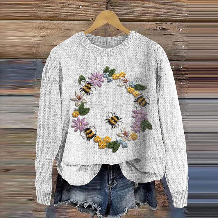 Comstylish Floral And Bees Embroidery Pattern Knit Art Cozy Crew Neck Sweater