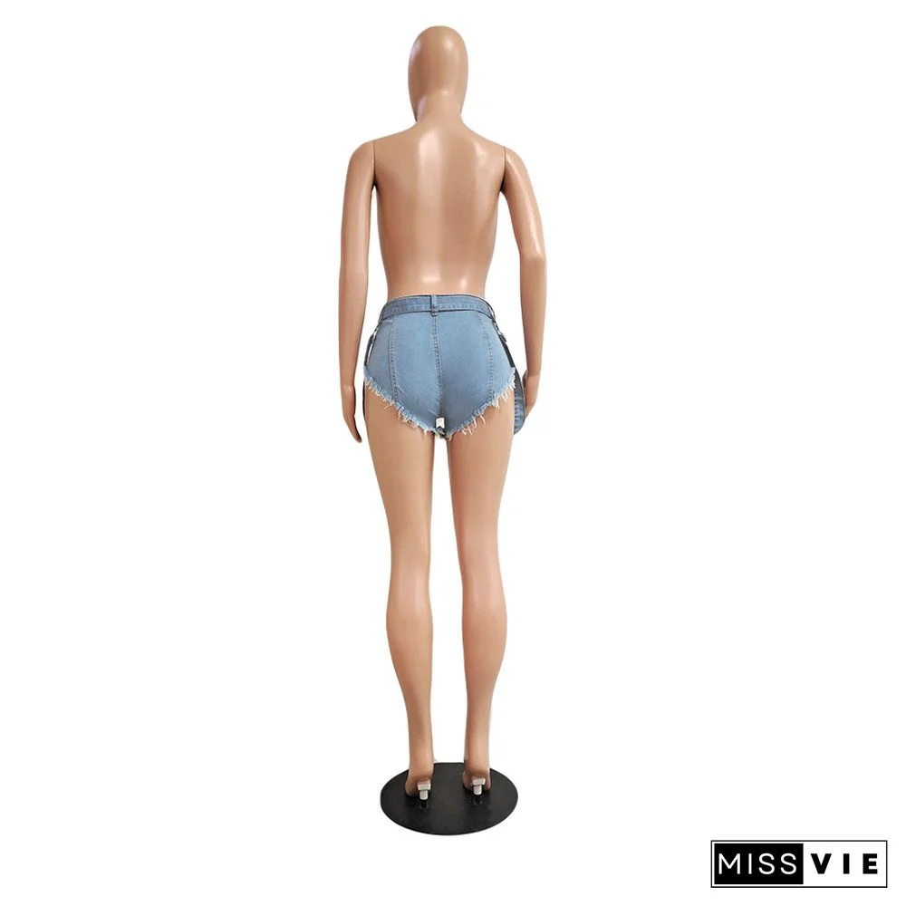 Low Waist Ripped Holes Tassel Hot Drill Denim Shorts