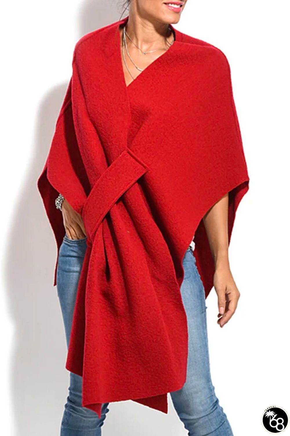 Red Casual Solid Asymmetrical V Neck Outerwear | 168DEAL