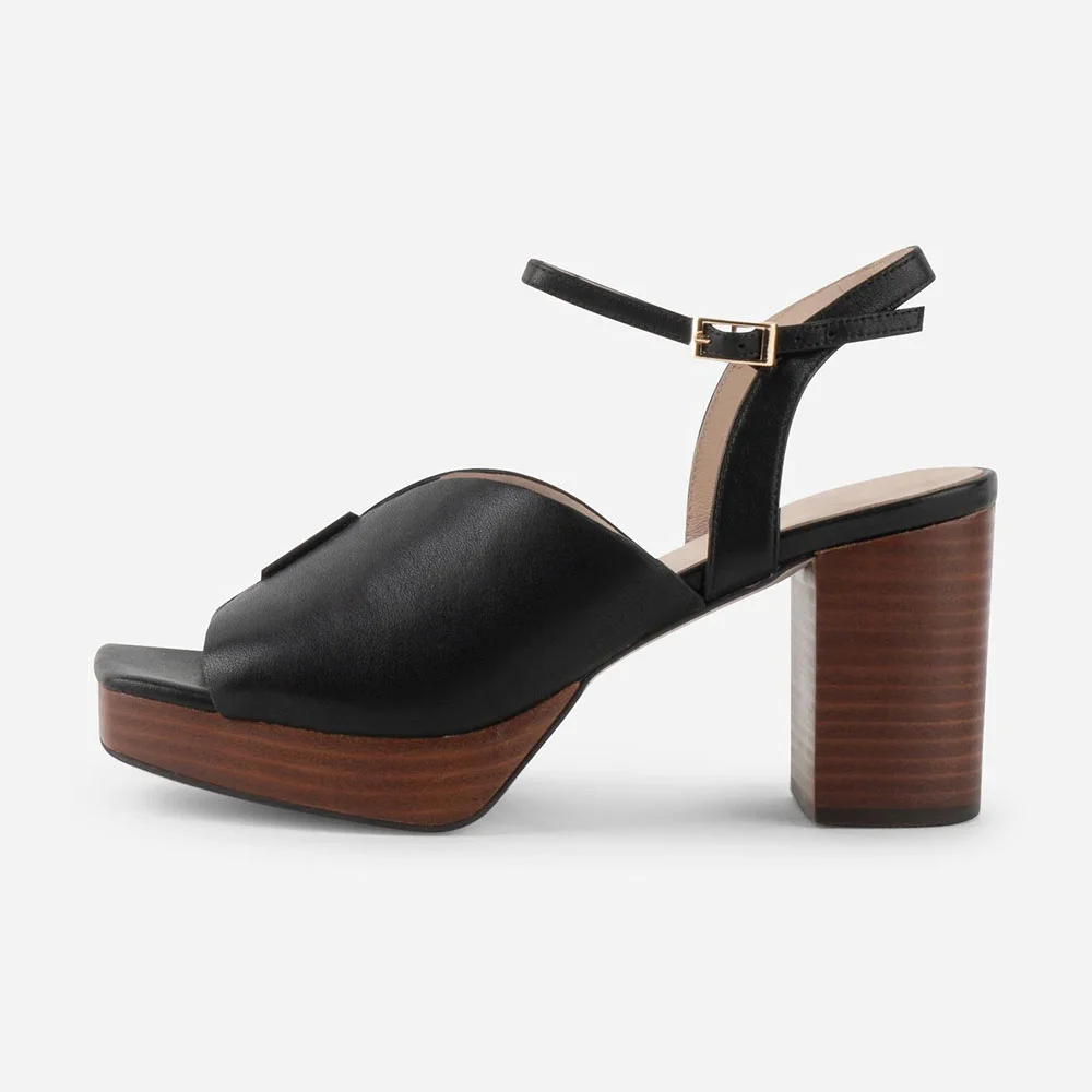 Chunky Heel Square Toe Ankle Strap Buckle Black Platform Sandals