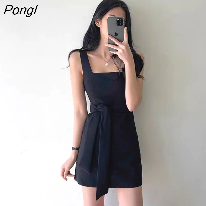Pongl Women Simple Sleeveless Dress Solid Sheath Leisure Vintage Lace-up Korean Style Office Lady Elegant Daily All-match Slim Trendy
