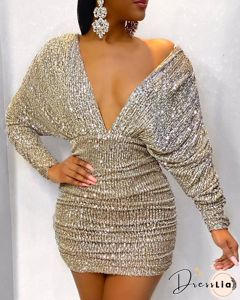 Ruched V-Neck Backless Bodycon Sequin Dress