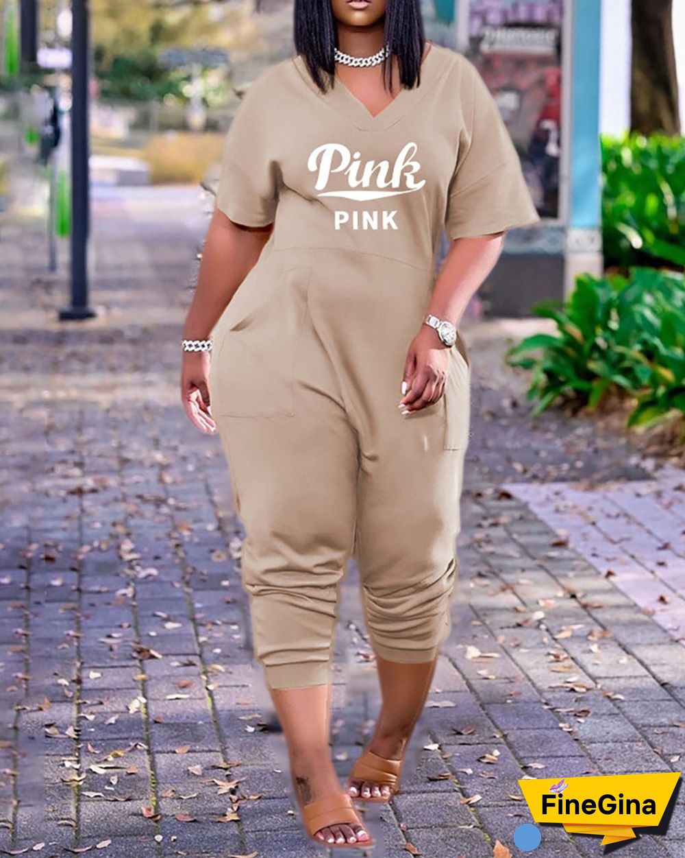 Letter Print V-Neck Short Sleeve Pocket Design Jumpsuit